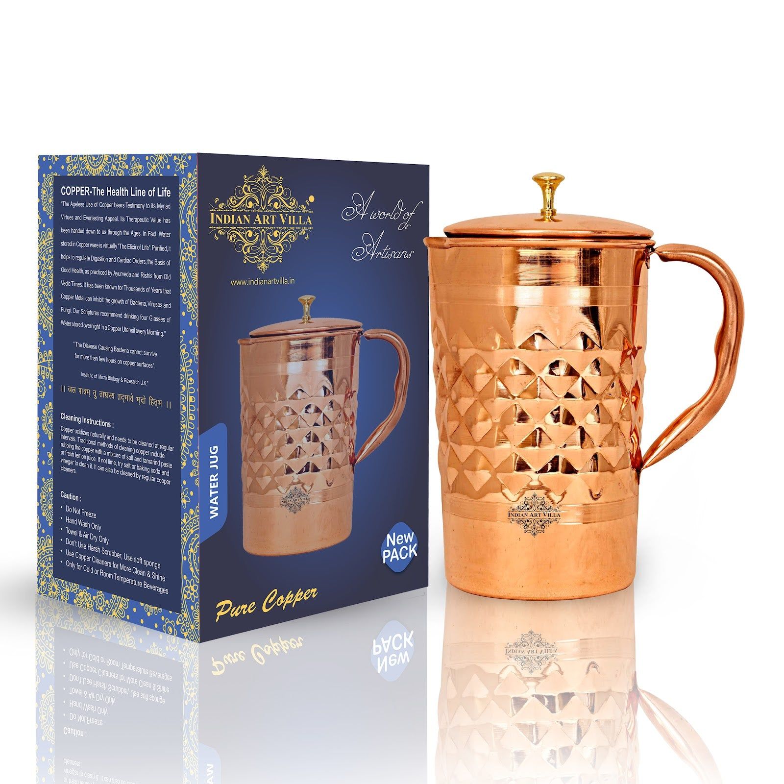 Pure copper diamond hammered jug with brass knob on lid halfdiamond, 2000 ML